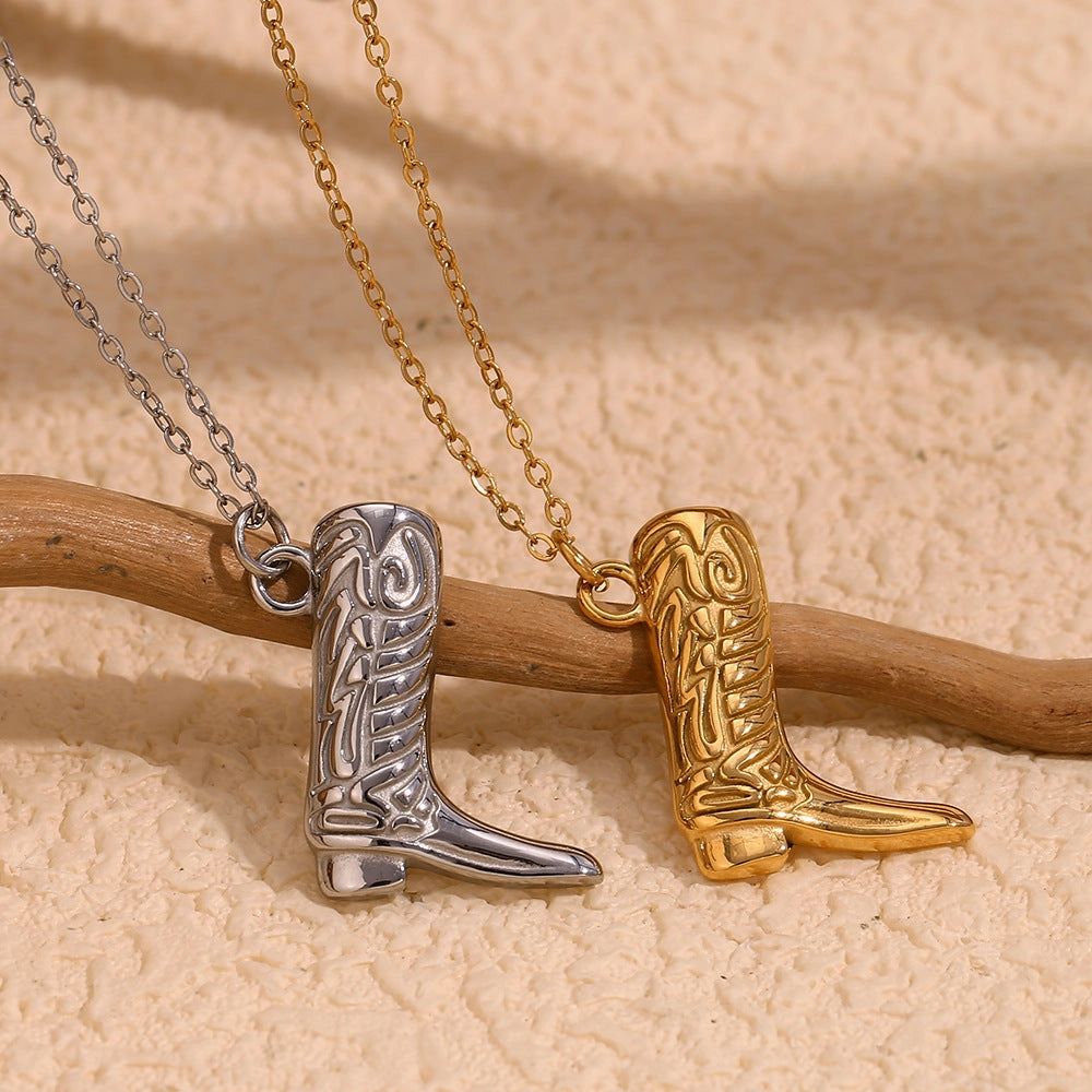 Wholesale Stainless Steel Gold Plated Western Cowboy Boot Pendant Necklace