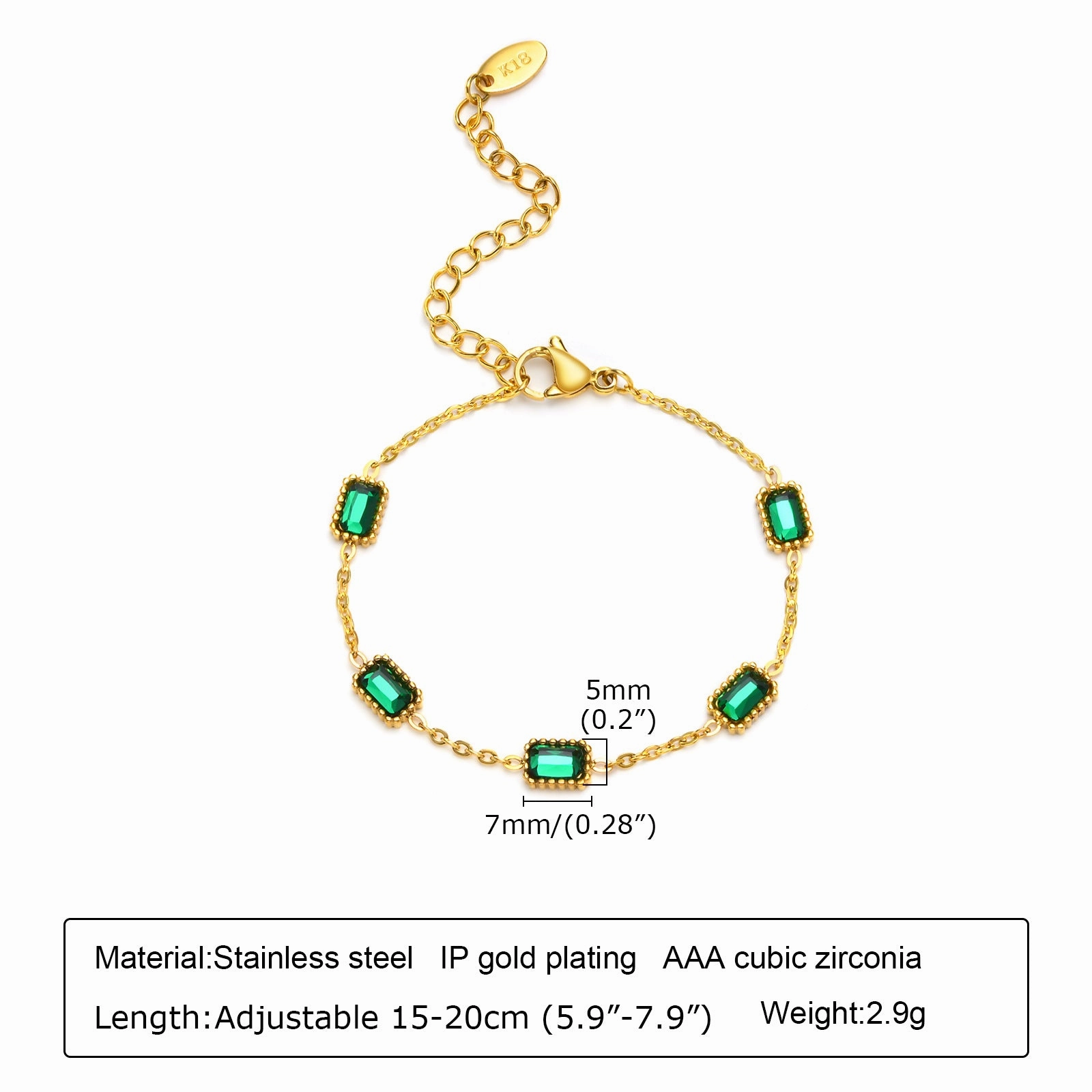 Wholesale Stainless Steel Green Zirconia Corrugated Chain Flat Snake Chain Bracelet
