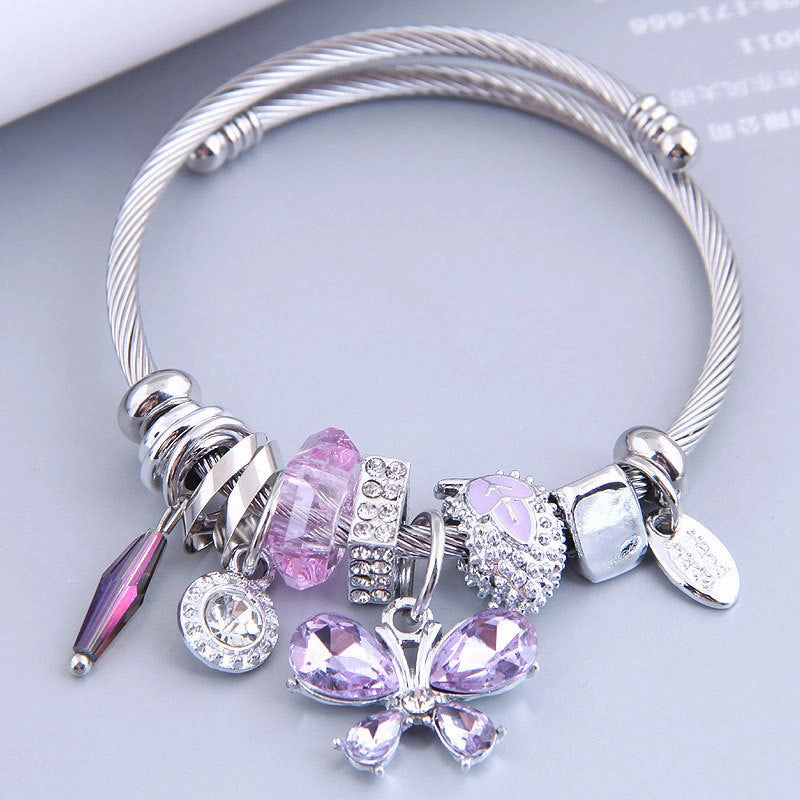 Wholesale Stainless Steel Open Butterfly Crystal Tassel Crystal Beads Beaded Bracelet
