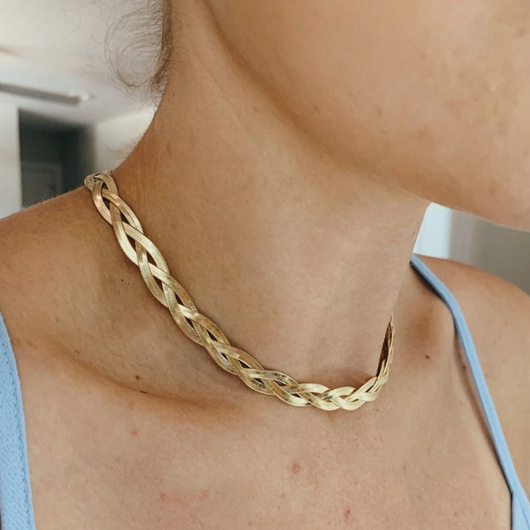 Wholesale Stainless Steel Plated 18k Three-layer Braided Flat Snake Bone Thick Necklace