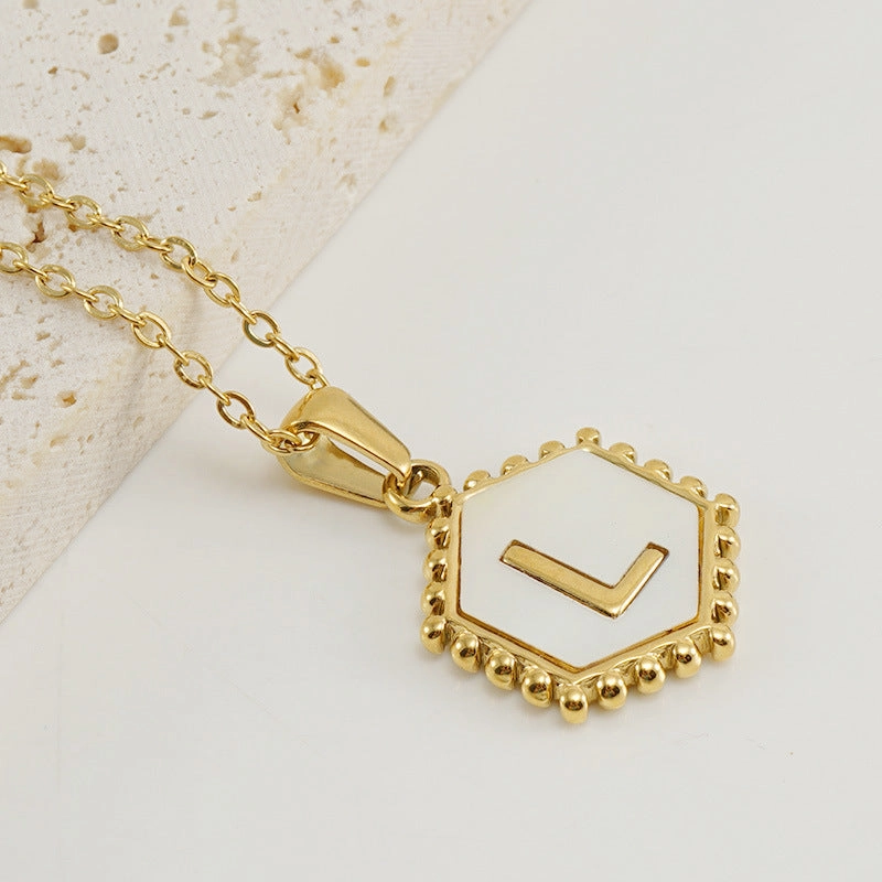 Wholesale Stainless Steel Plated Hexagonal Natural Shell Letter Pendant 18K Necklace