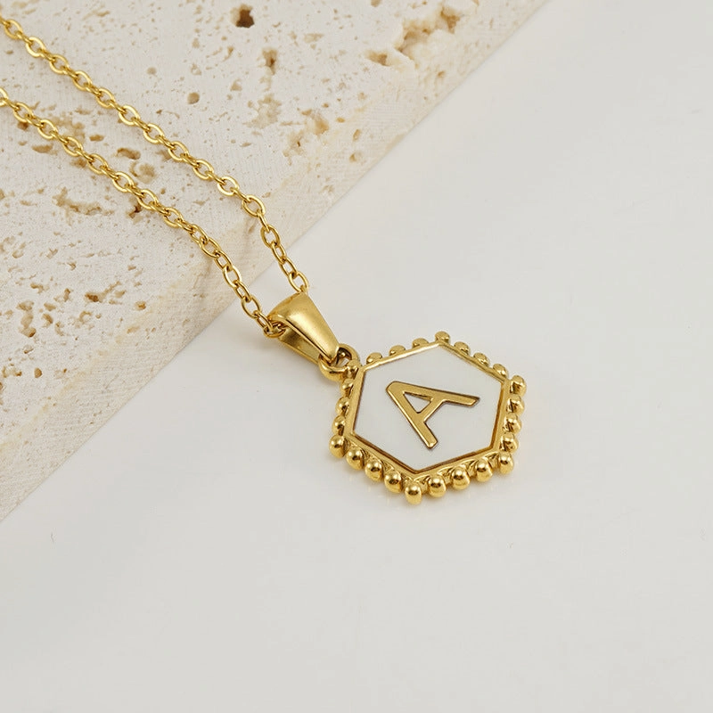 Wholesale Stainless Steel Plated Hexagonal Natural Shell Letter Pendant 18K Necklace