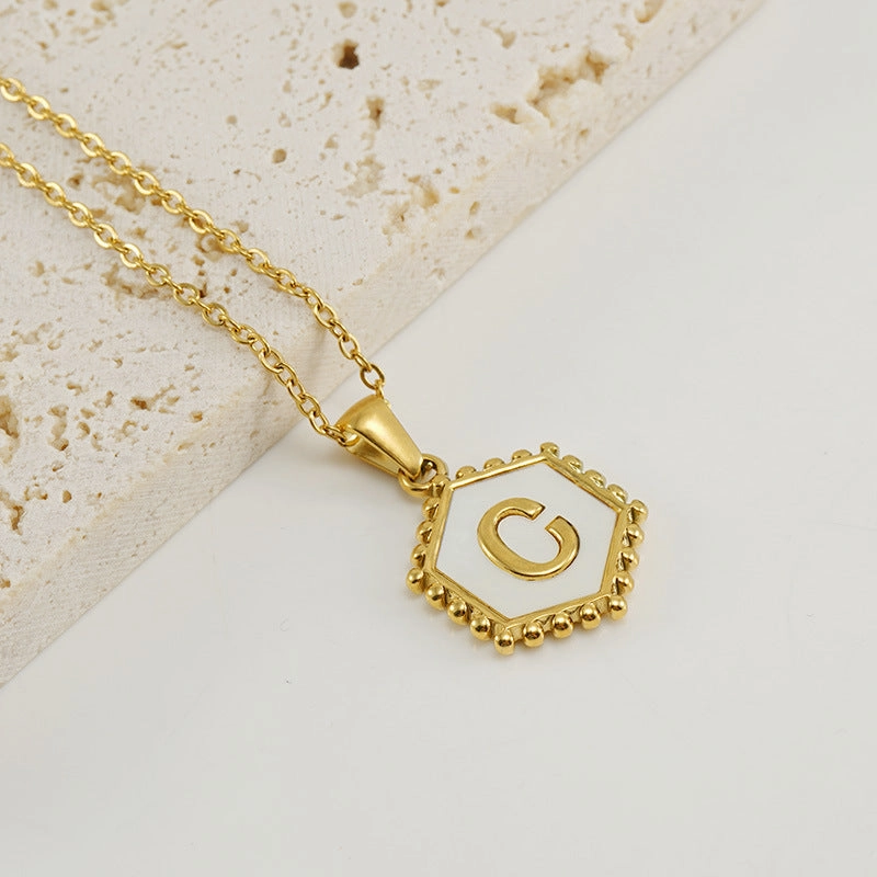 Wholesale Stainless Steel Plated Hexagonal Natural Shell Letter Pendant 18K Necklace