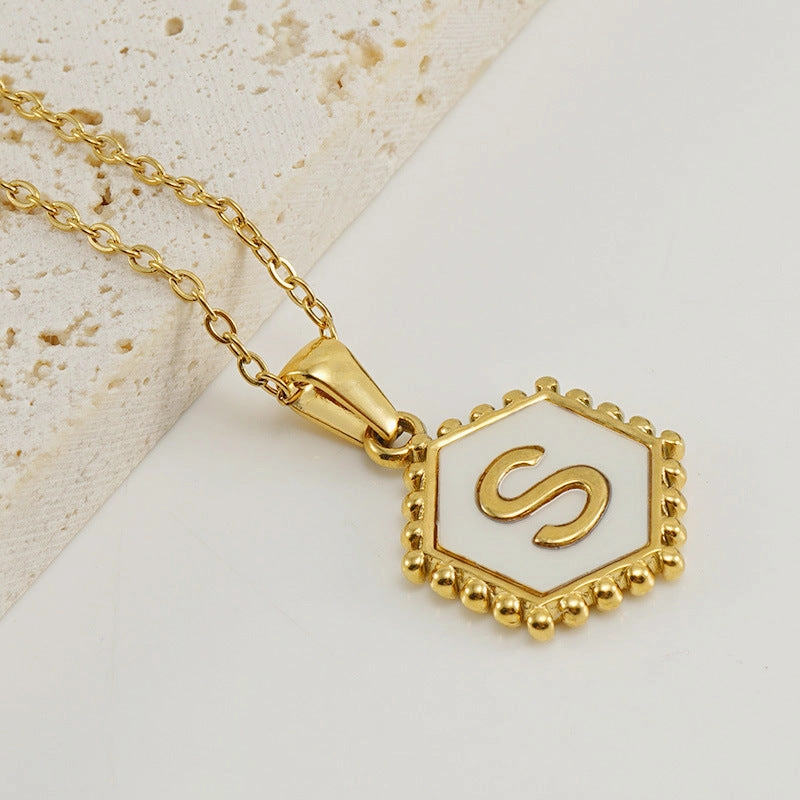 Wholesale Stainless Steel Plated Hexagonal Natural Shell Letter Pendant 18K Necklace