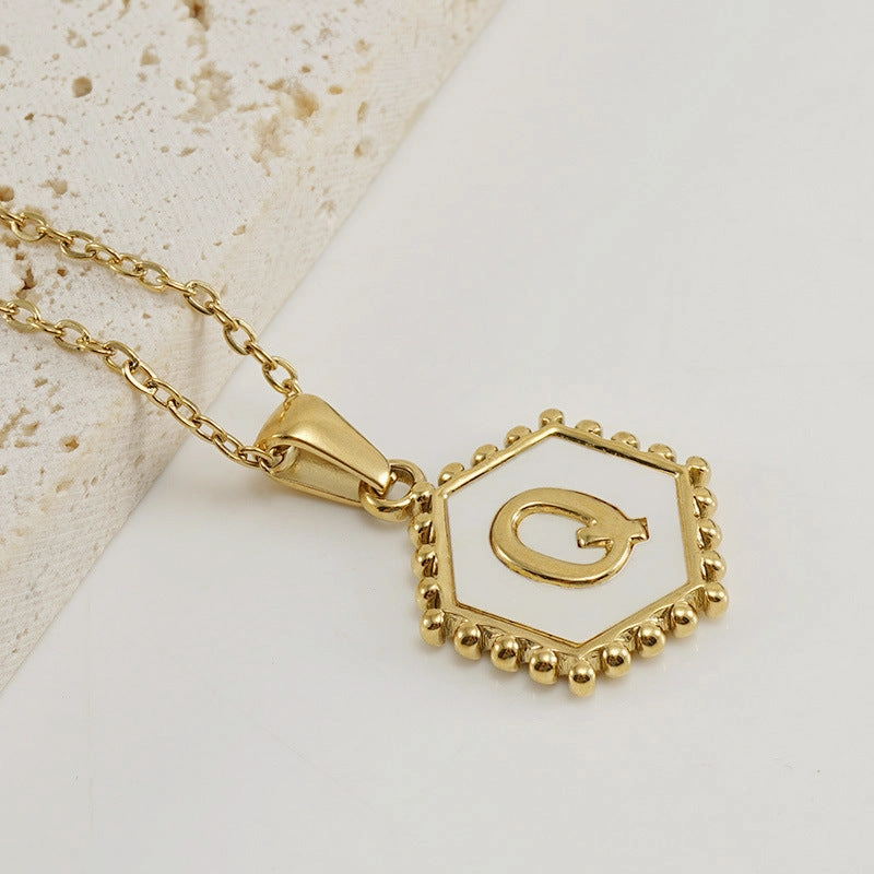 Wholesale Stainless Steel Plated Hexagonal Natural Shell Letter Pendant 18K Necklace