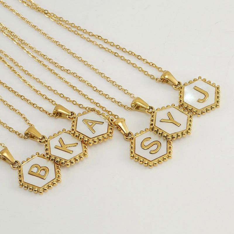 Wholesale Stainless Steel Plated Hexagonal Natural Shell Letter Pendant 18K Necklace