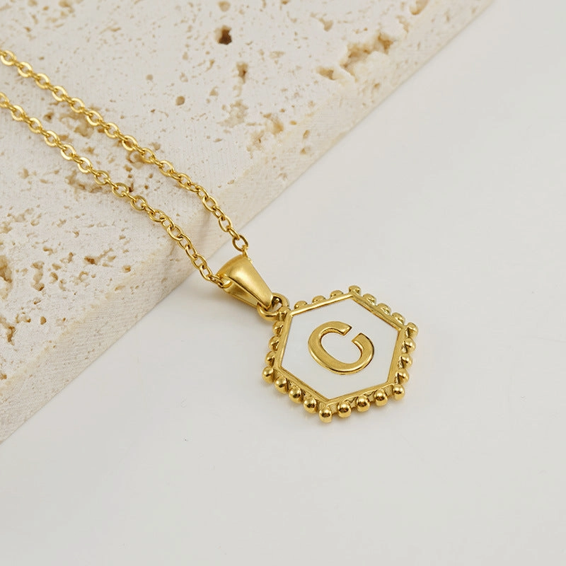 Wholesale Stainless Steel Plated Hexagonal Natural Shell Letter Pendant 18K Necklace