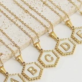 Wholesale Stainless Steel Plated Hexagonal Natural Shell Letter Pendant 18K Necklace