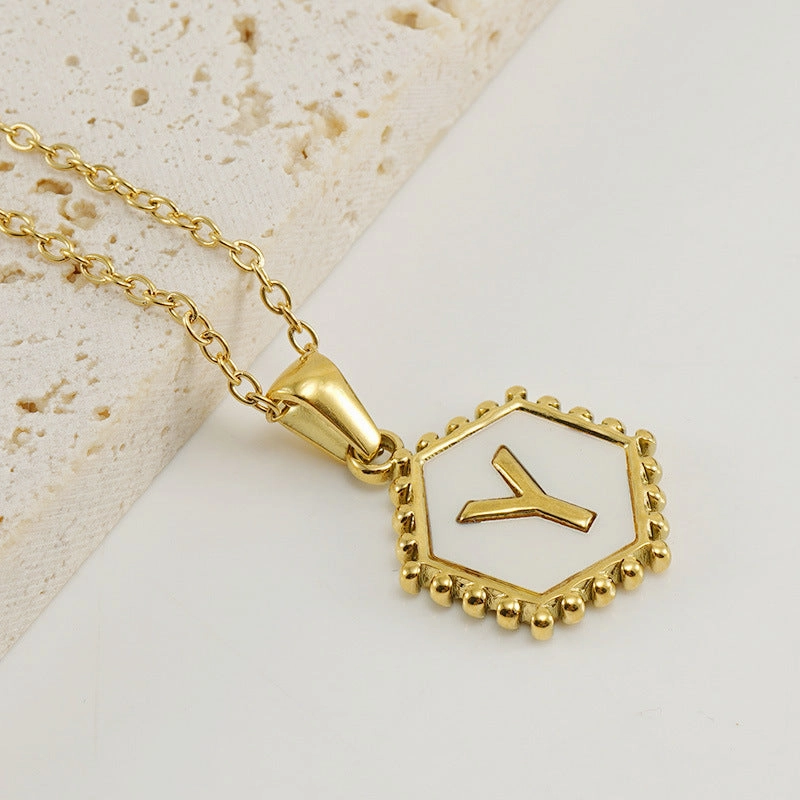 Wholesale Stainless Steel Plated Hexagonal Natural Shell Letter Pendant 18K Necklace