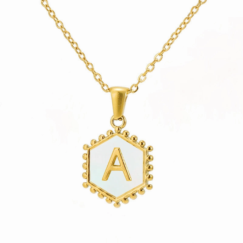Wholesale Stainless Steel Plated Hexagonal Natural Shell Letter Pendant 18K Necklace