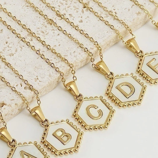 Wholesale Stainless Steel Plated Hexagonal Natural Shell Letter Pendant 18K Necklace