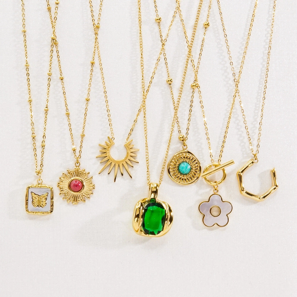 Wholesale Stainless Steel Rhodochrosite Tianhe Stone White Shell Green Diamond Inlaid Necklaces