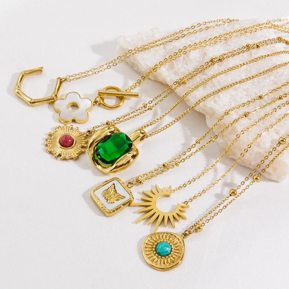 Wholesale Stainless Steel Rhodochrosite Tianhe Stone White Shell Green Diamond Inlaid Necklaces