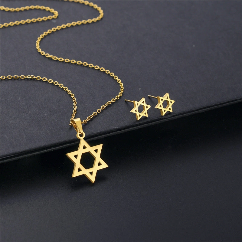 Wholesale Stainless Steel Simple Hollow 18K Gold Star Necklace Earring Set