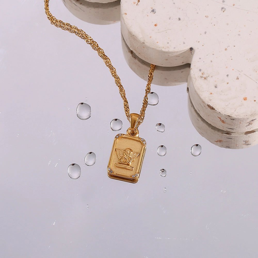 Wholesale Stainless Steel Square Zircon Angel Square Necklace