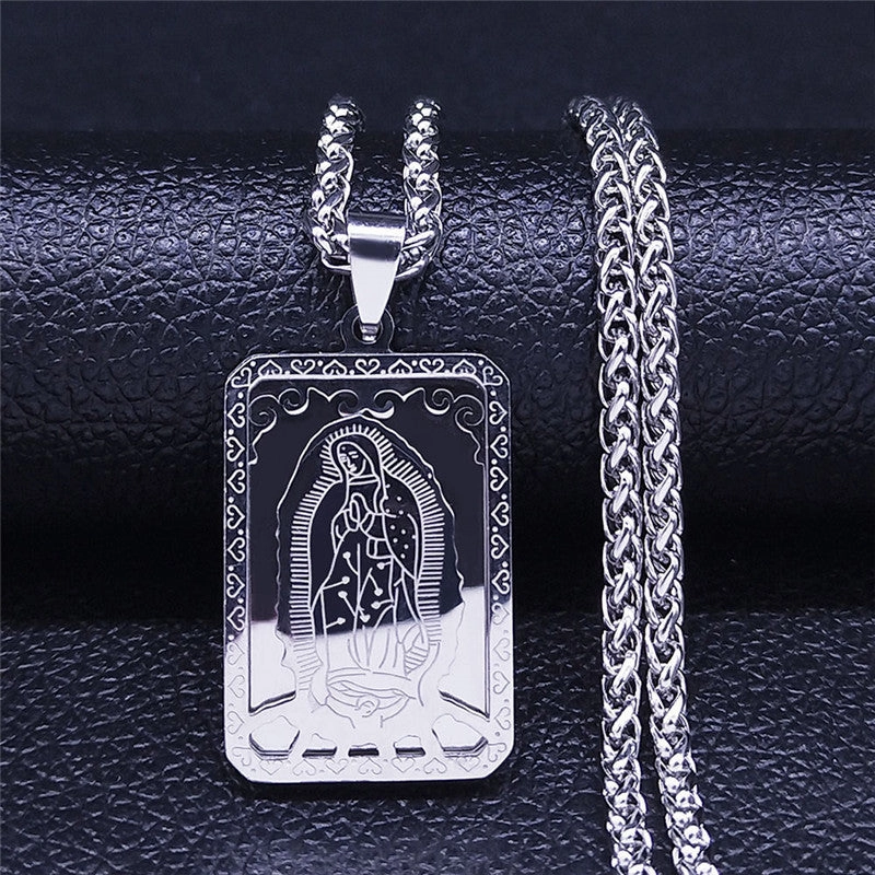 Wholesale Stainless Steel Vintage Square Virgin Mary Prayer Necklace