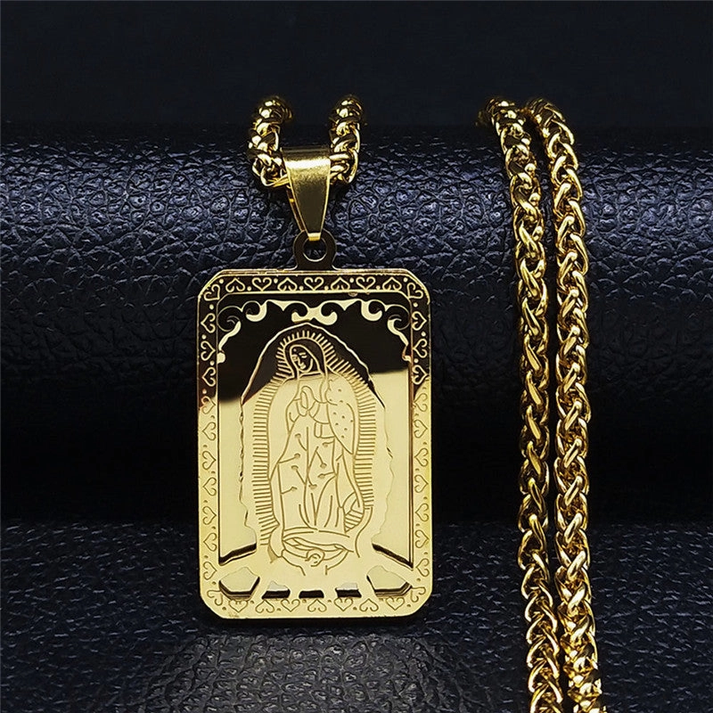 Wholesale Stainless Steel Vintage Square Virgin Mary Prayer Necklace