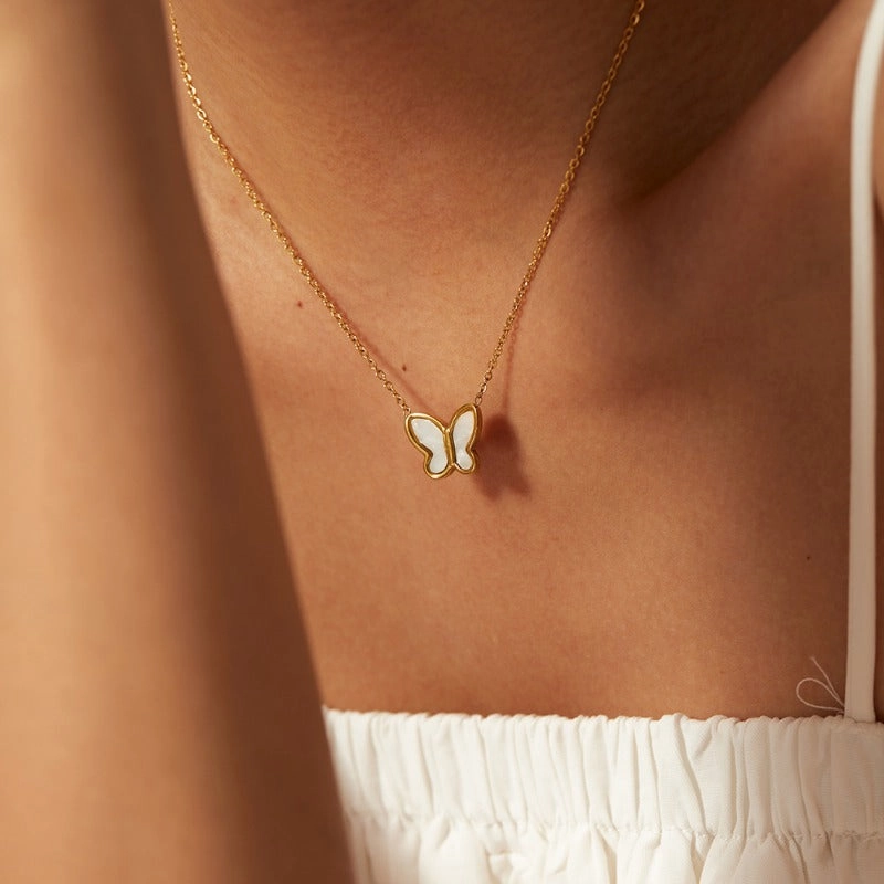 Wholesale Stainless Steel White Shell Butterfly Necklaces