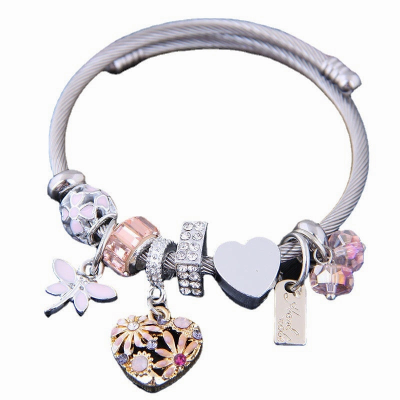 Wholesale Stainless Steel Wire Small Daisy Heart Dragonfly Crystal Beads Bracelet