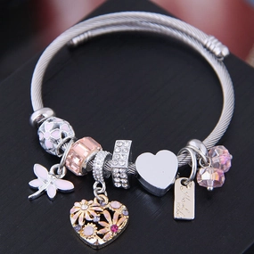 Wholesale Stainless Steel Wire Small Daisy Heart Dragonfly Crystal Beads Bracelet