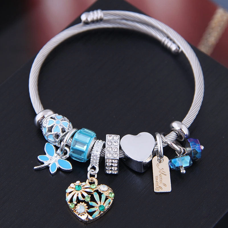 Wholesale Stainless Steel Wire Small Daisy Heart Dragonfly Crystal Beads Bracelet