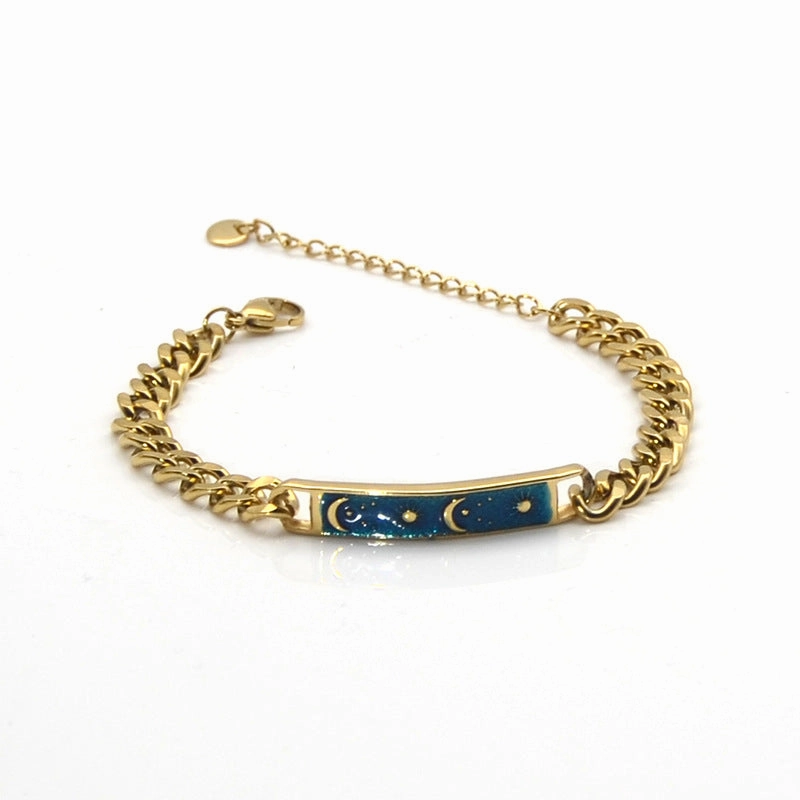 Wholesale Star Moon Blue Enamel Color Glaze Bent Plaque Adjustable Bracelet