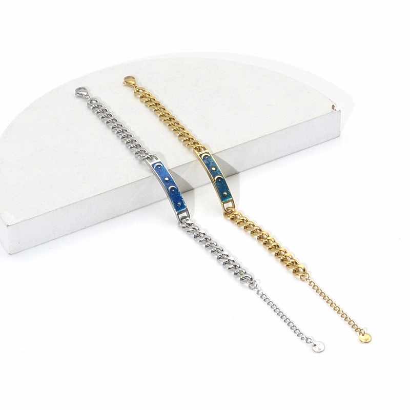 Wholesale Star Moon Blue Enamel Color Glaze Bent Plaque Adjustable Bracelet