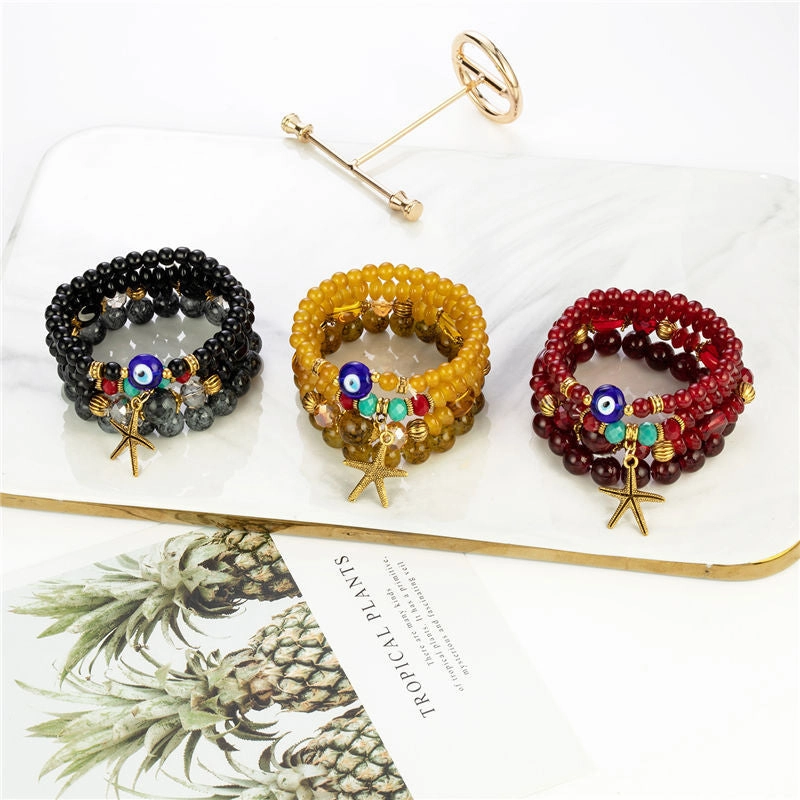 Wholesale Starfish Devil Eye Glass Beads Multilayer Bracelet