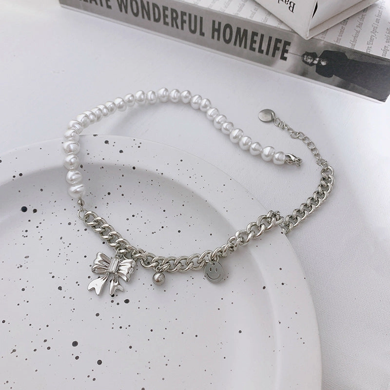Wholesale Stitching Pearl Bow Smiley Necklaces