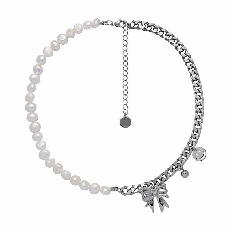 Wholesale Stitching Pearl Bow Smiley Necklaces