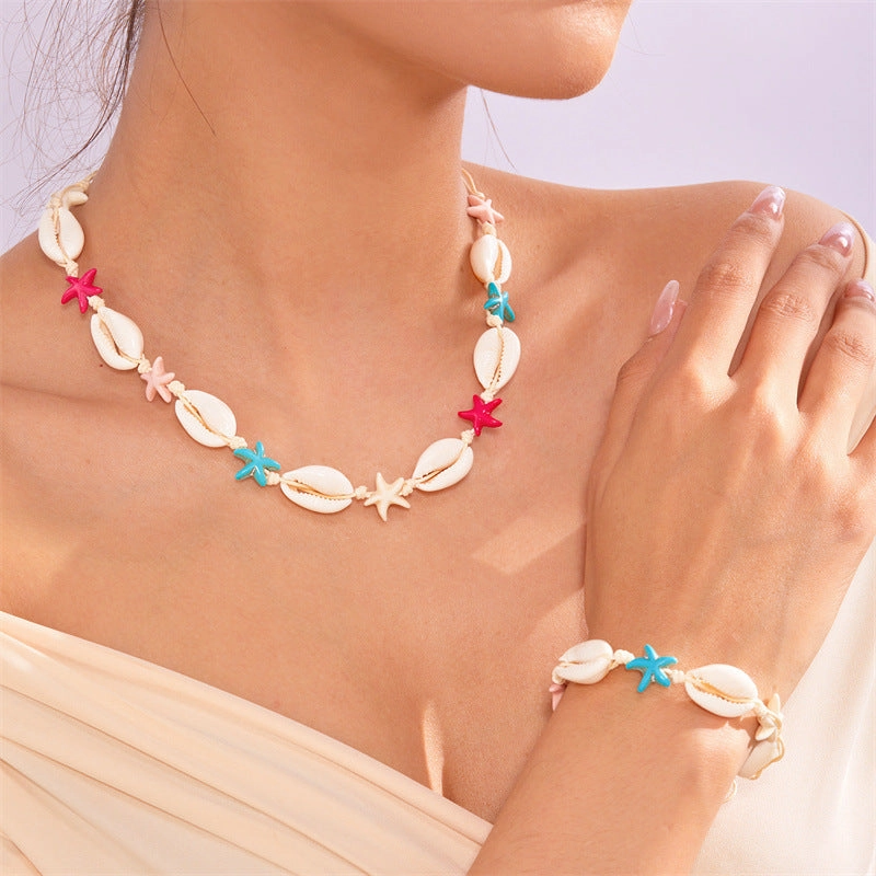 Wholesale Summer Bohemian Colorful Starfish Shell Braided Bracelet Necklace Set