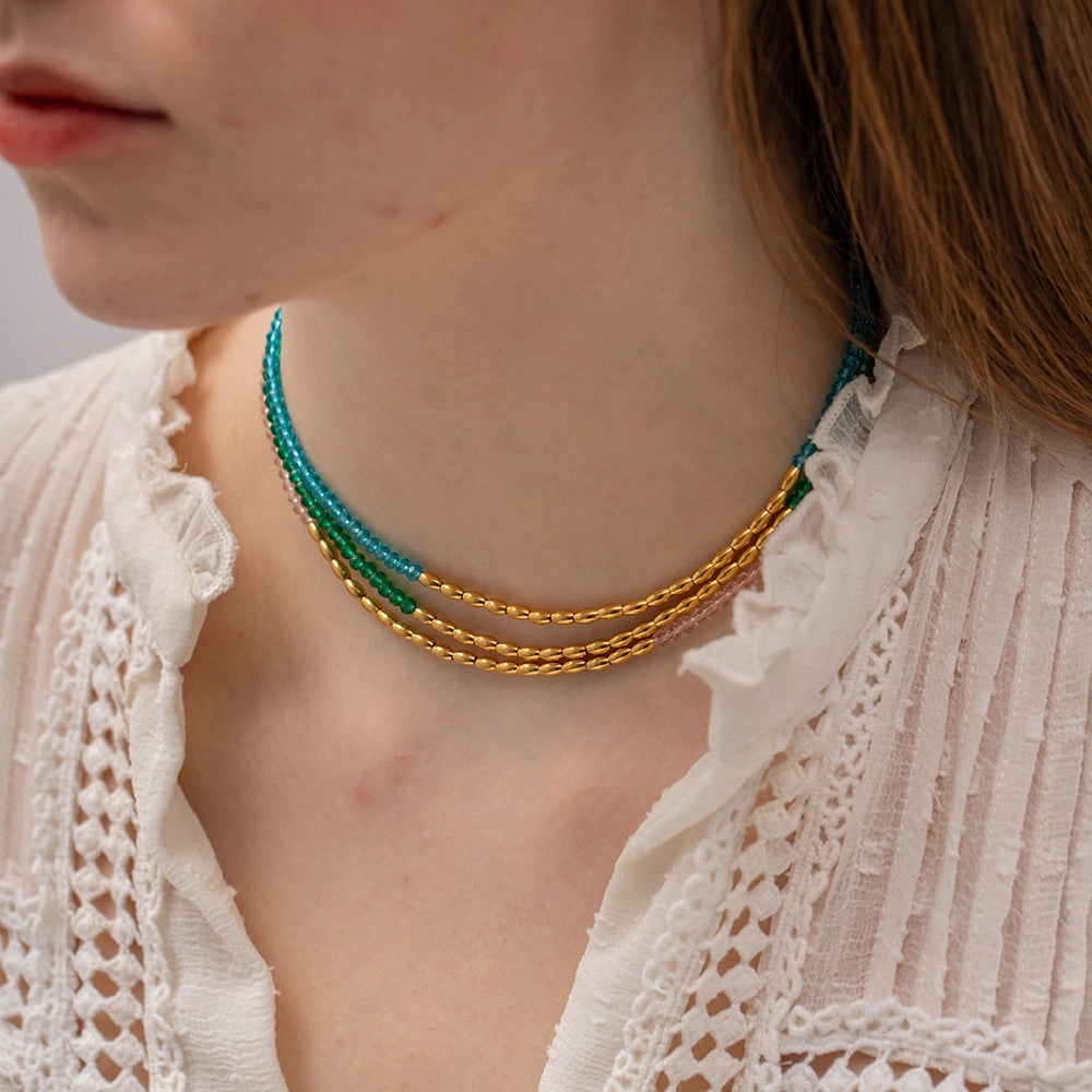 Wholesale Summer Titanium Steel Color Beaded Necklace