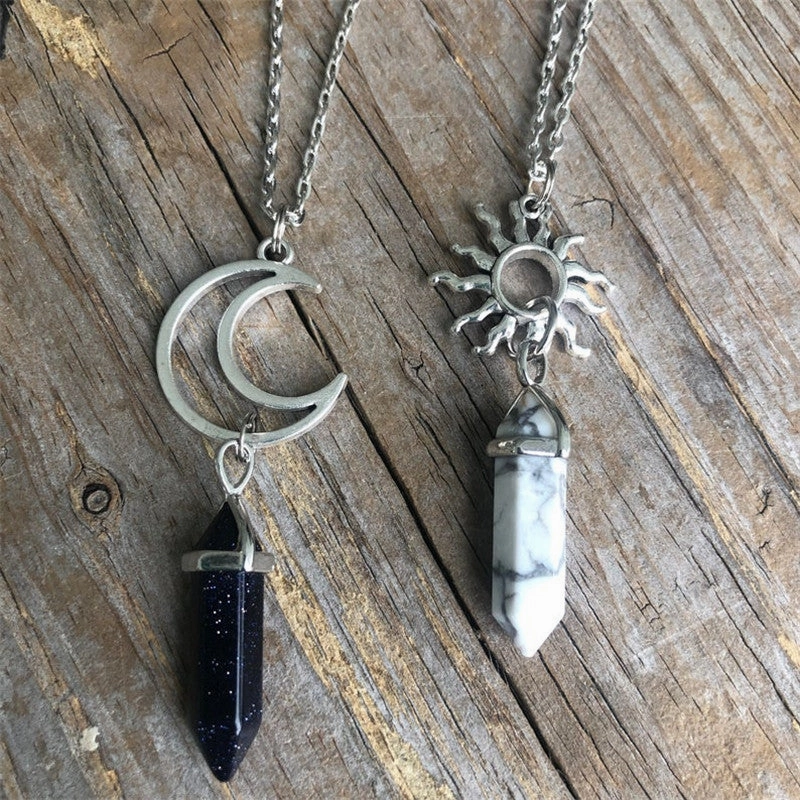 Wholesale Sun Moon Natural Stone Hexagon Pillar Crystal Couple Alloy Necklaces