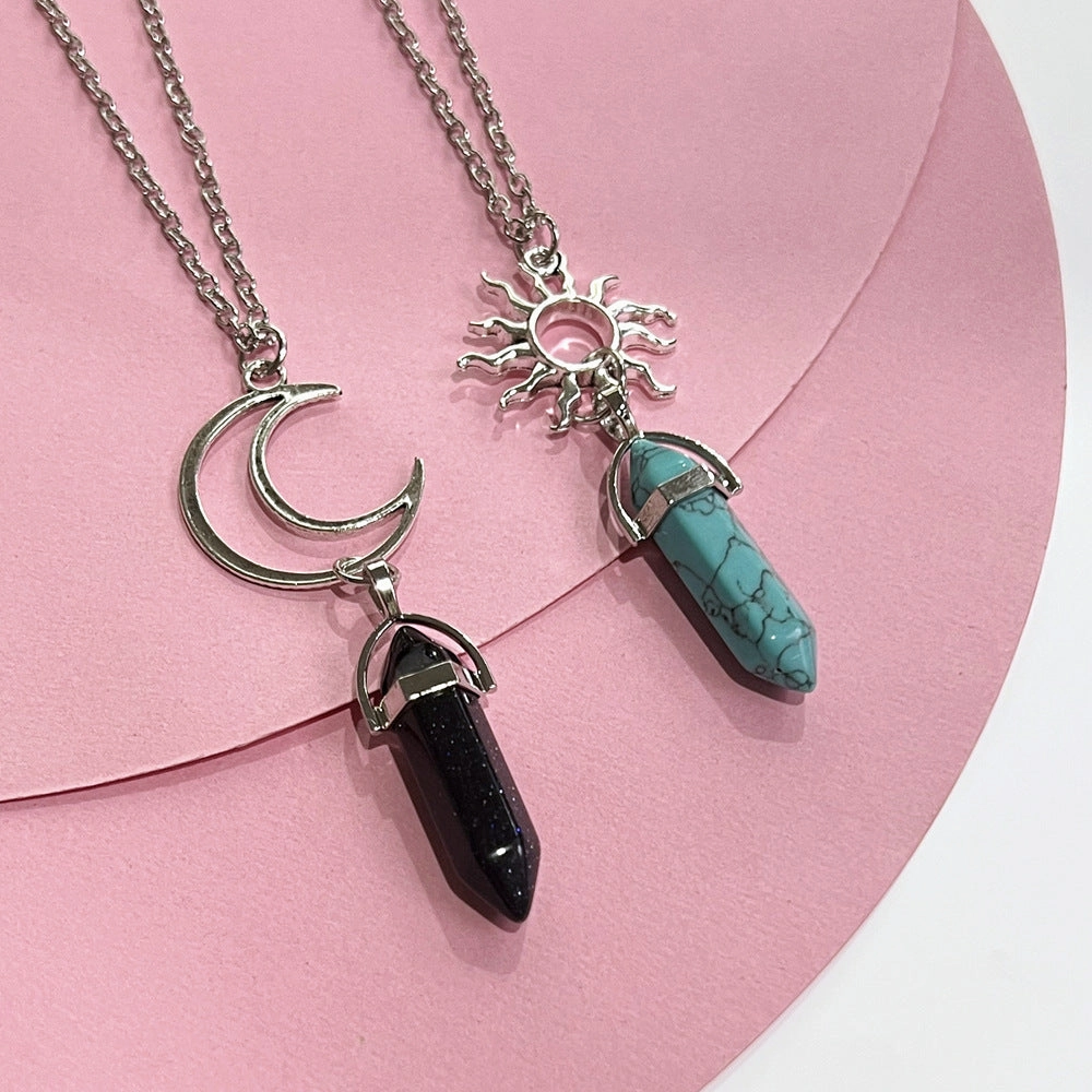 Wholesale Sun Moon Natural Stone Hexagon Pillar Crystal Couple Alloy Necklaces