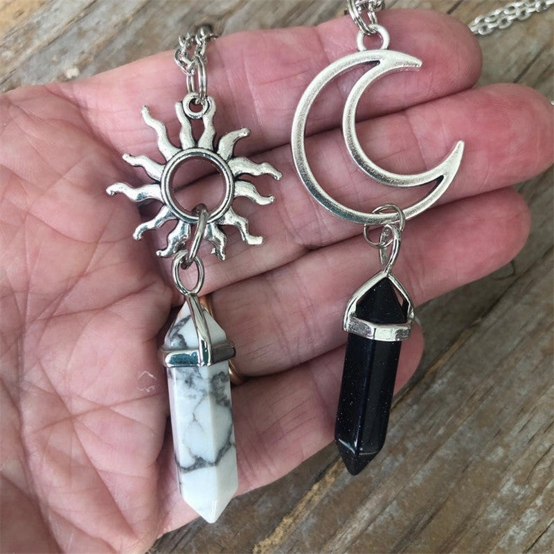 Wholesale Sun Moon Natural Stone Hexagon Pillar Crystal Couple Alloy Necklaces