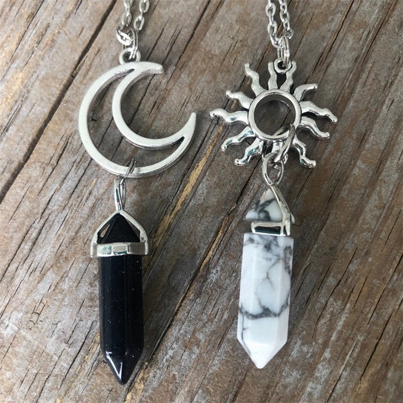 Wholesale Sun Moon Natural Stone Hexagon Pillar Crystal Couple Alloy Necklaces