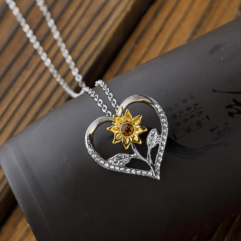 Wholesale Sunflower Heart Shape Diamond Metal Necklaces