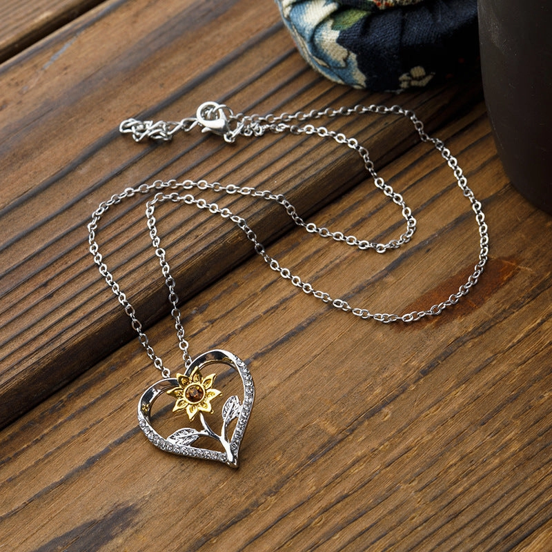 Wholesale Sunflower Heart Shape Diamond Metal Necklaces