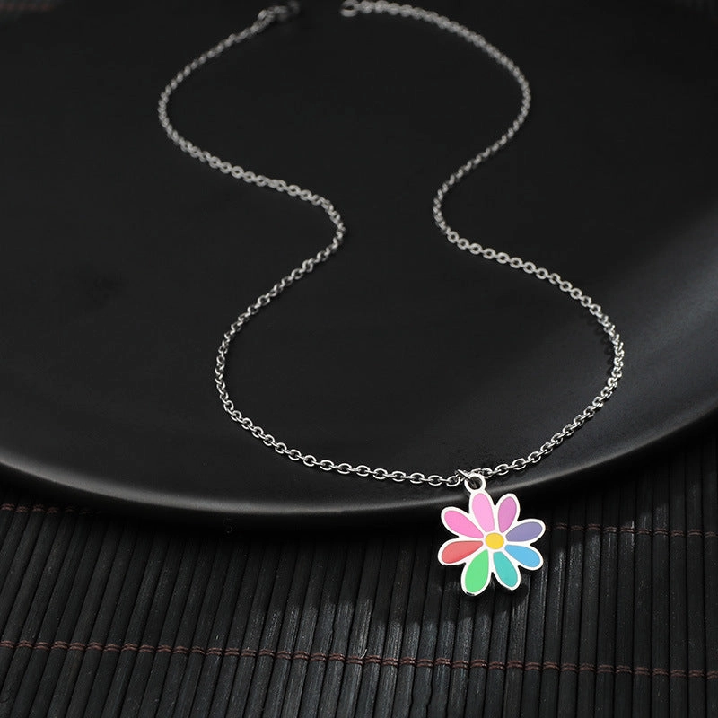 Wholesale Sweater Chain Seven Color Small Flower Titanium Steel Pendant Necklaces