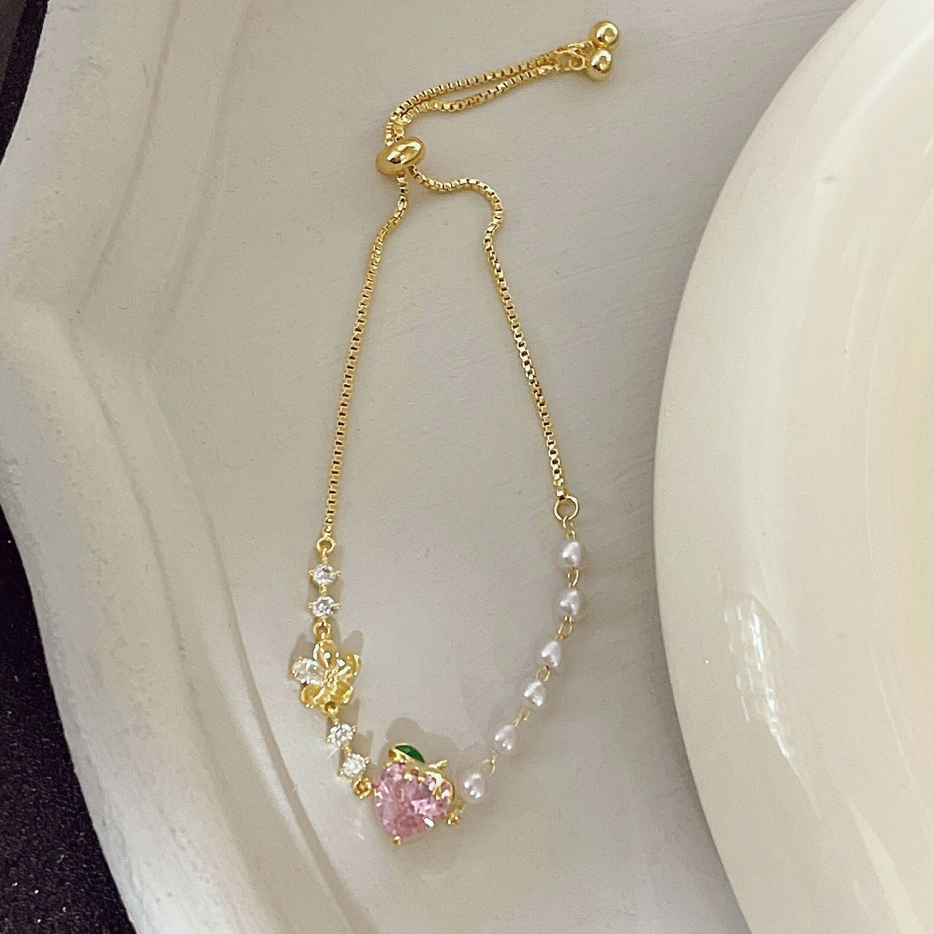 Wholesale Sweet Pink Strawberry Zircon Flower Pearl Metal Bracelet