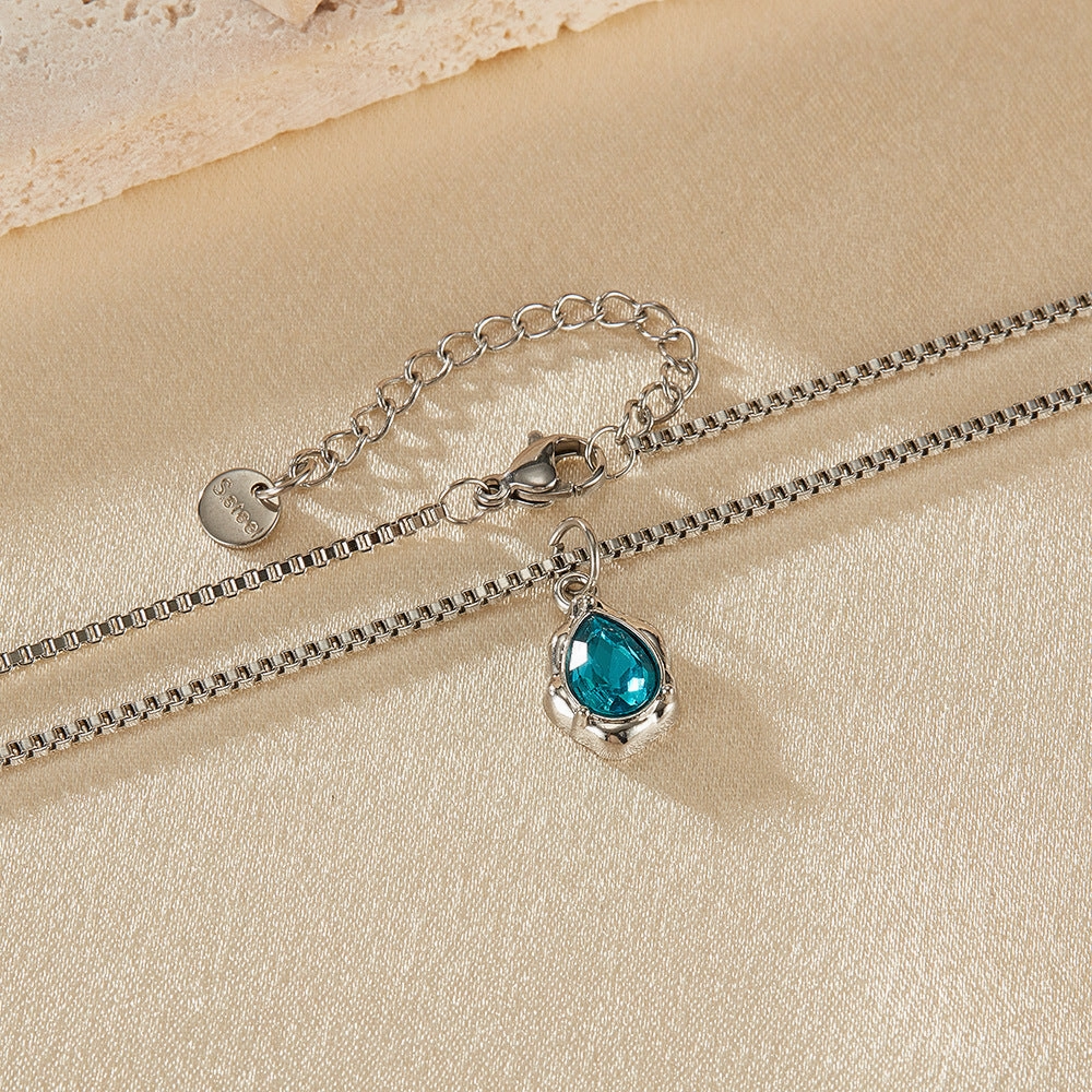 Wholesale Teardrop-shaped Blue Zircon Pendant Simple Stainless Steel Clavicle Chain