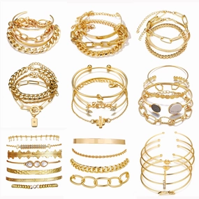 Wholesale Thick Chain Multi-layer Open Alloy Bracelet Set