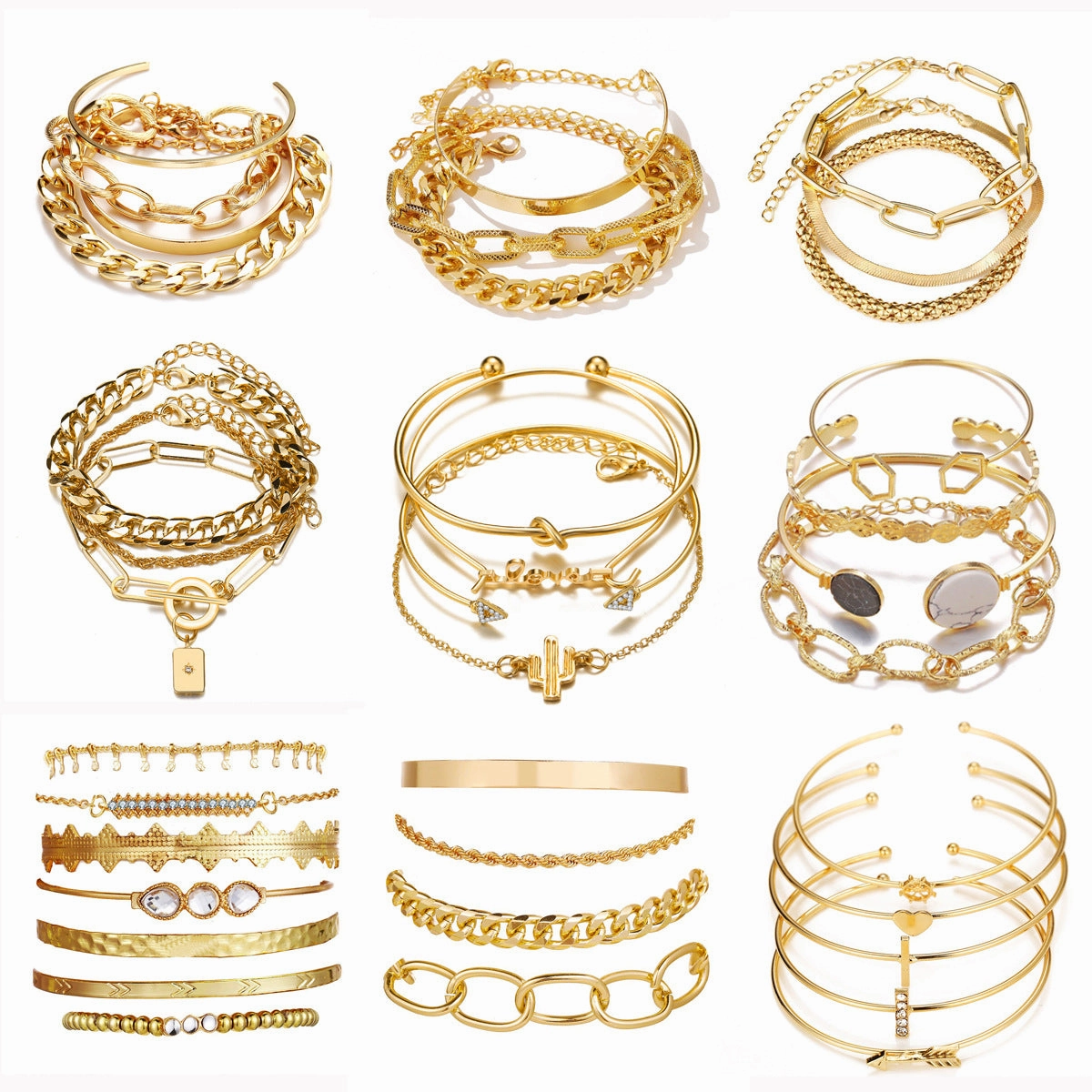 Wholesale Thick Chain Multi-layer Open Alloy Bracelet Set