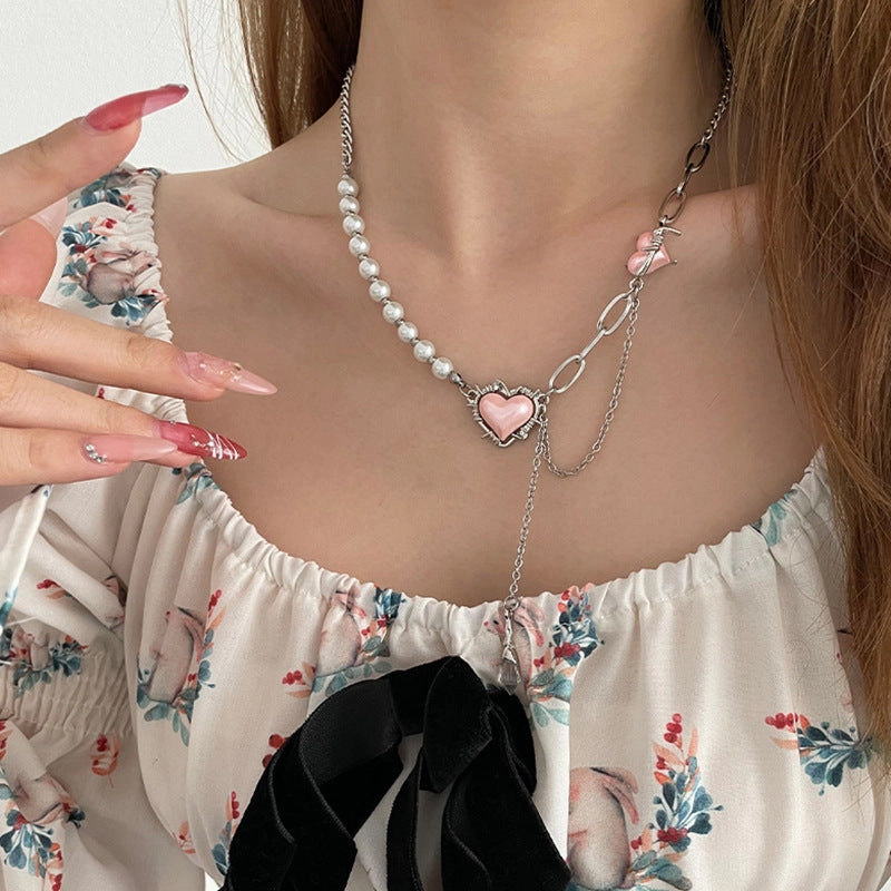 Wholesale Thorns Pink Love Heart Pearl Necklaces