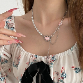 Wholesale Thorns Pink Love Heart Pearl Necklaces