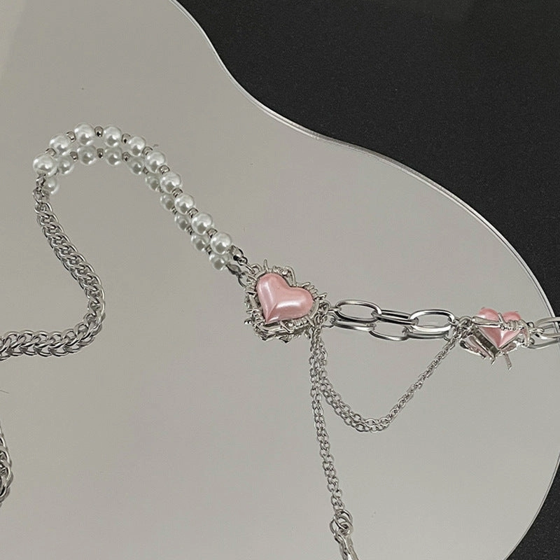 Wholesale Thorns Pink Love Heart Pearl Necklaces