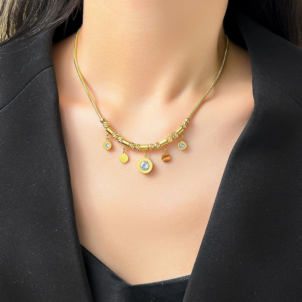 Wholesale Titanium Steel 18K Gilded Roman Pinestone Pendant Necklace