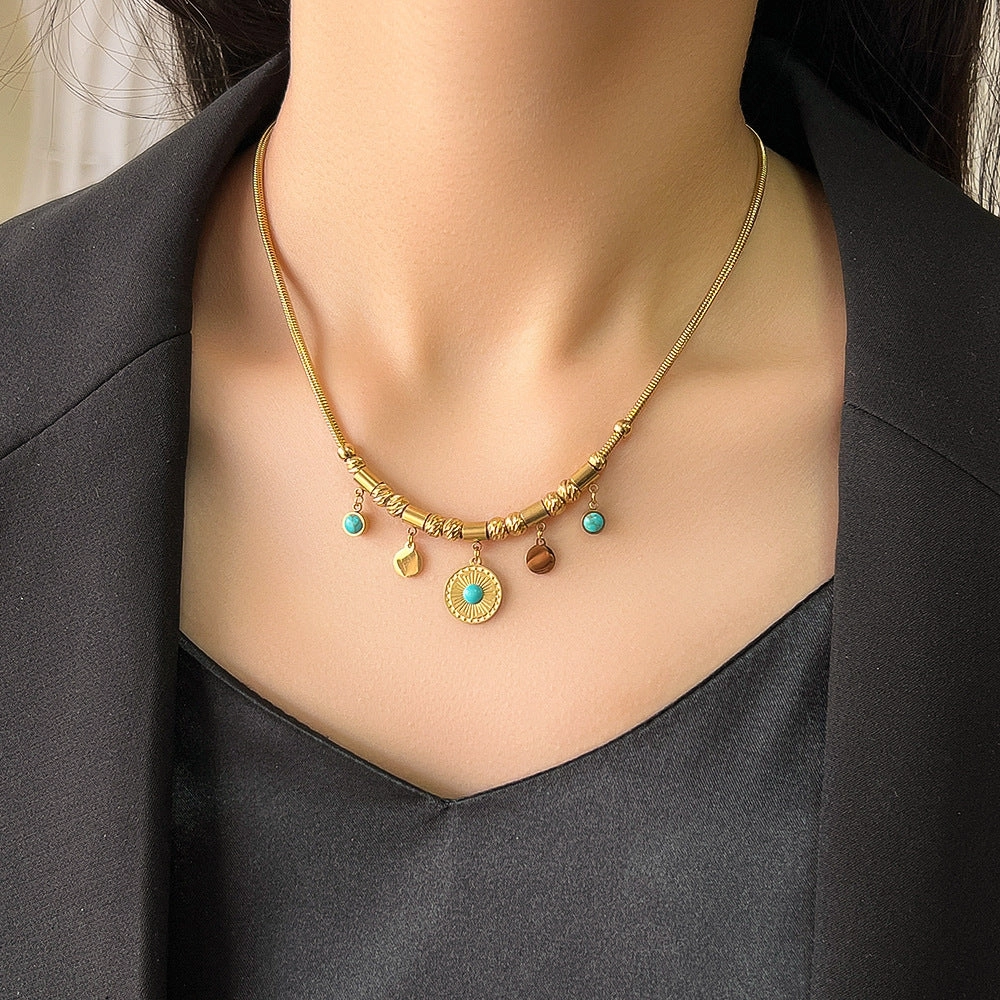 Wholesale Titanium Steel 18K Gilded Roman Pinestone Pendant Necklace