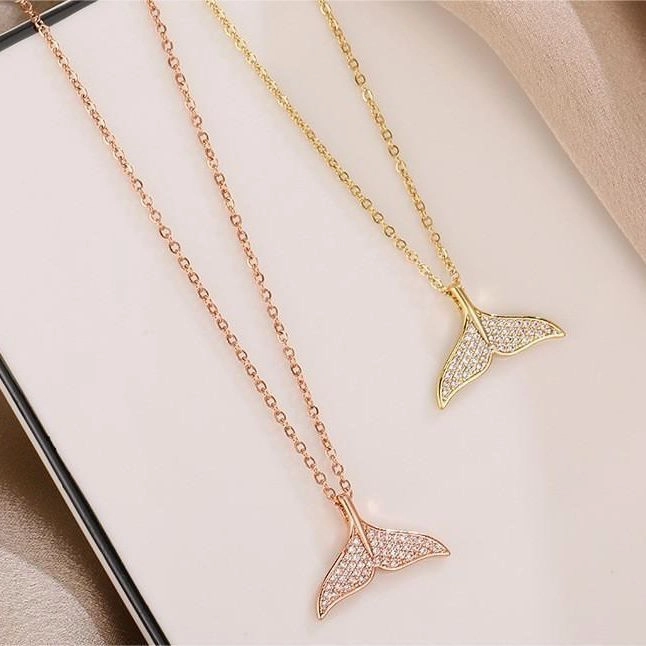 Wholesale Titanium Steel 18k Rose Gold Full Diamond Fishtail Necklace
