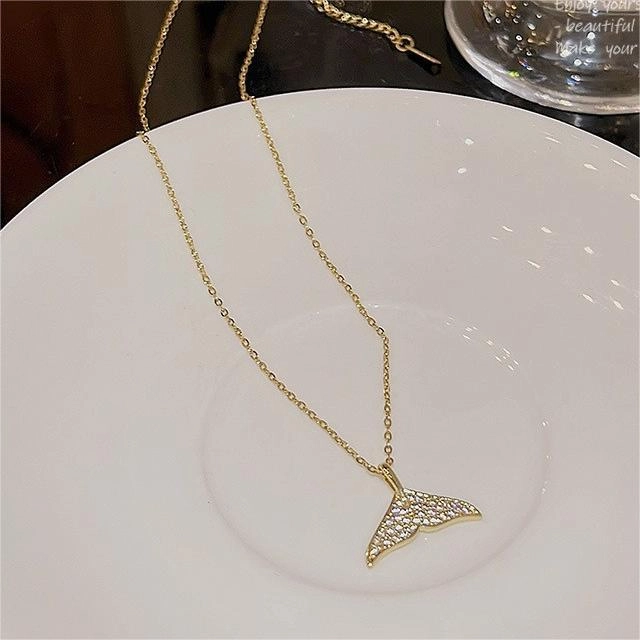 Wholesale Titanium Steel 18k Rose Gold Full Diamond Fishtail Necklace